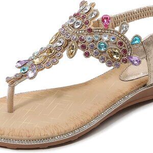 Women Rhinestone Sandals T-Strap Buckle Flat Bohemian Pearl Crystal Shoes